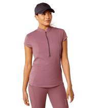 Front view of a model wearing the tulipwood Ariat Breathe 1/2 Zip Short Sleeve Baselayer on a white background