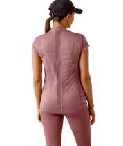 Back view of a model wearing the tulipwood Ariat Breathe 1/2 Zip Short Sleeve Baselayer on a white background