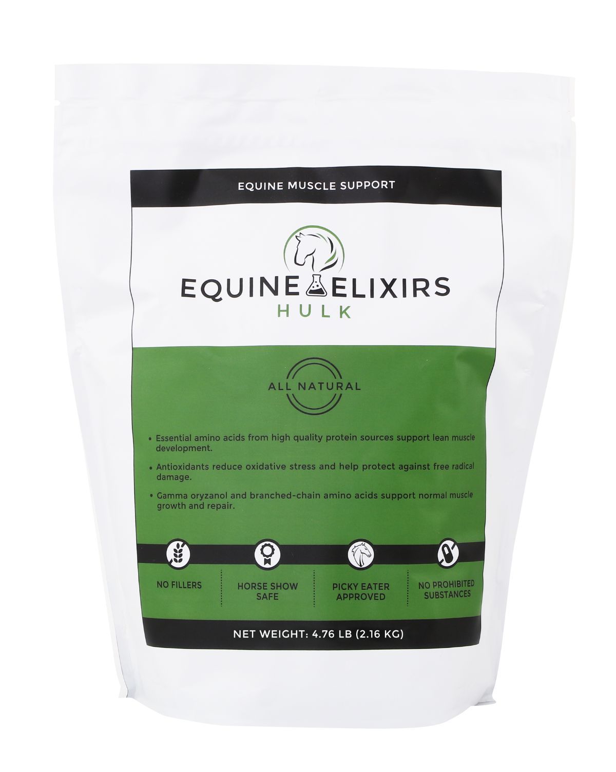Front view of a large bag of Equine Elixirs Hulk on a white background