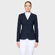 Front view of a female model wearing the Navy Samshield Lauren Show Coat on a plain background