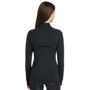 Back view of a female model wearing the Black LeMieux Aspen Brushed Zip Jacket on a plain background