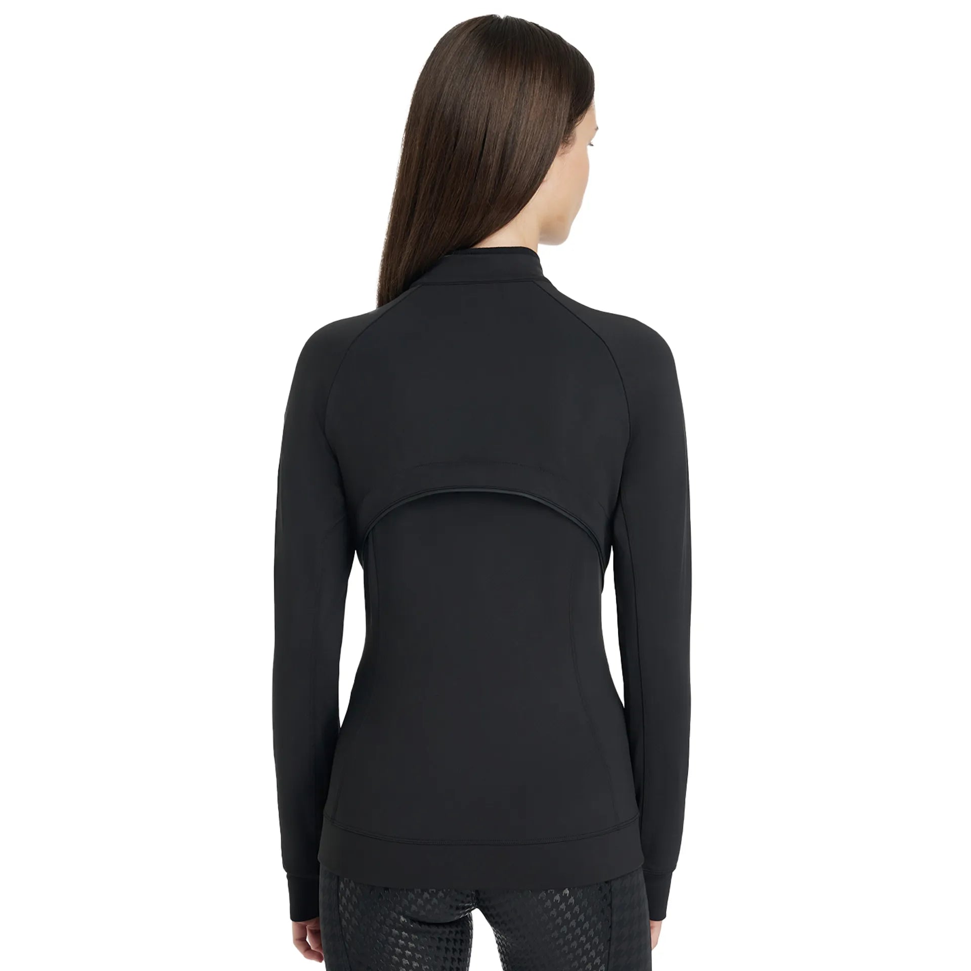 Back view of a female model wearing the Black LeMieux Aspen Brushed Zip Jacket on a plain background