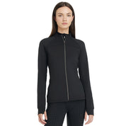 Front view of a female model wearing the Black LeMieux Aspen Brushed Zip Jacket on a plain background