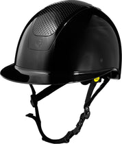 Angled front view of the Black/Black Equinavia Crown Glossy MIPS Riding Helmet on a white background