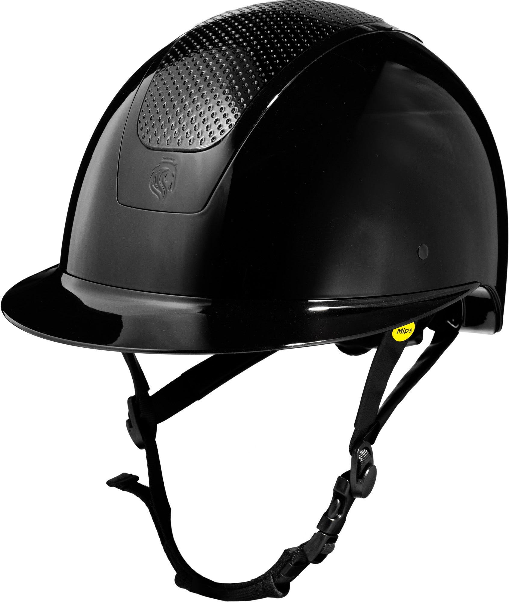 Black Equinavia Crown Glossy MIPS Riding Helmet on a white background