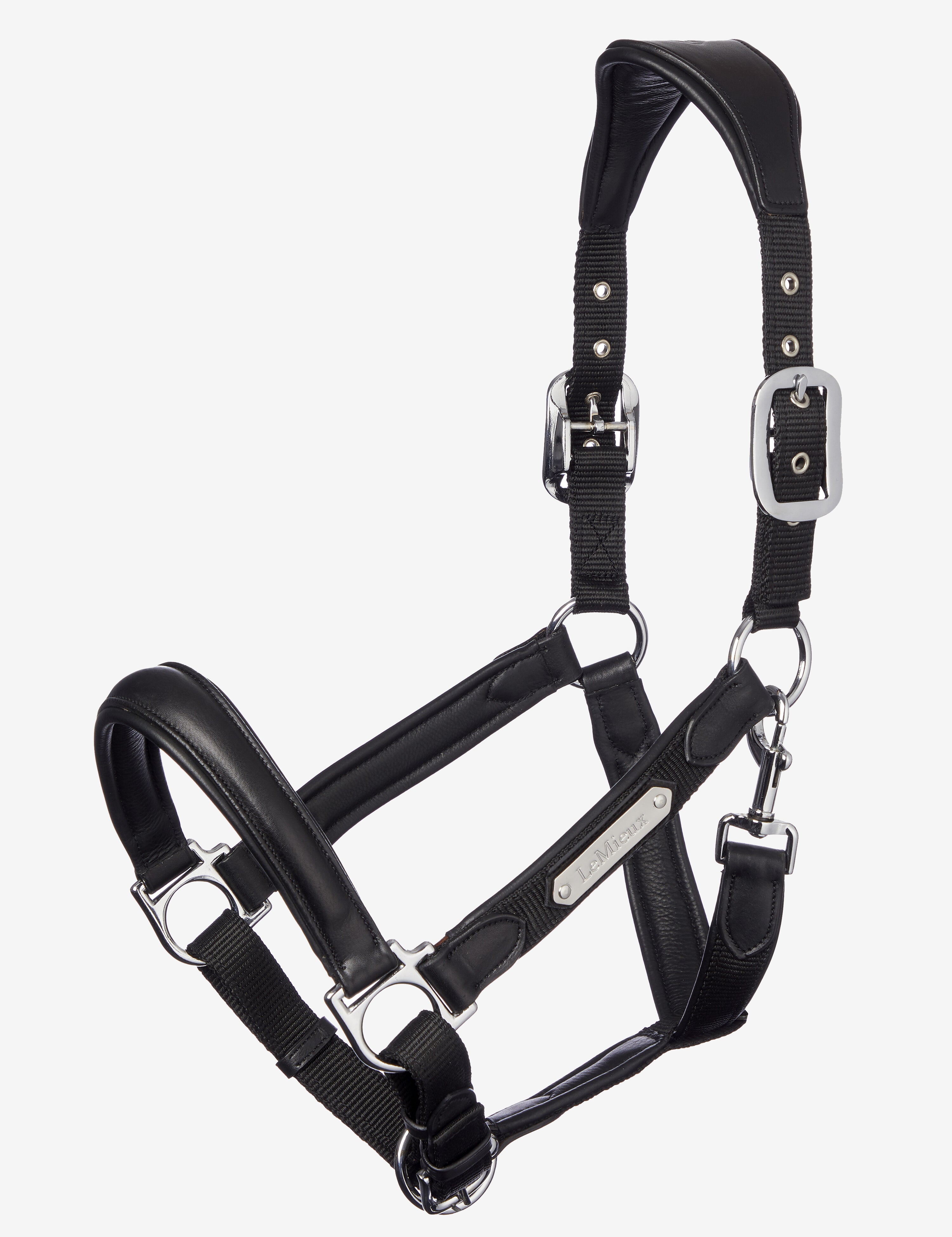 Full view of the Black LeMieux Capella Halter on a white background