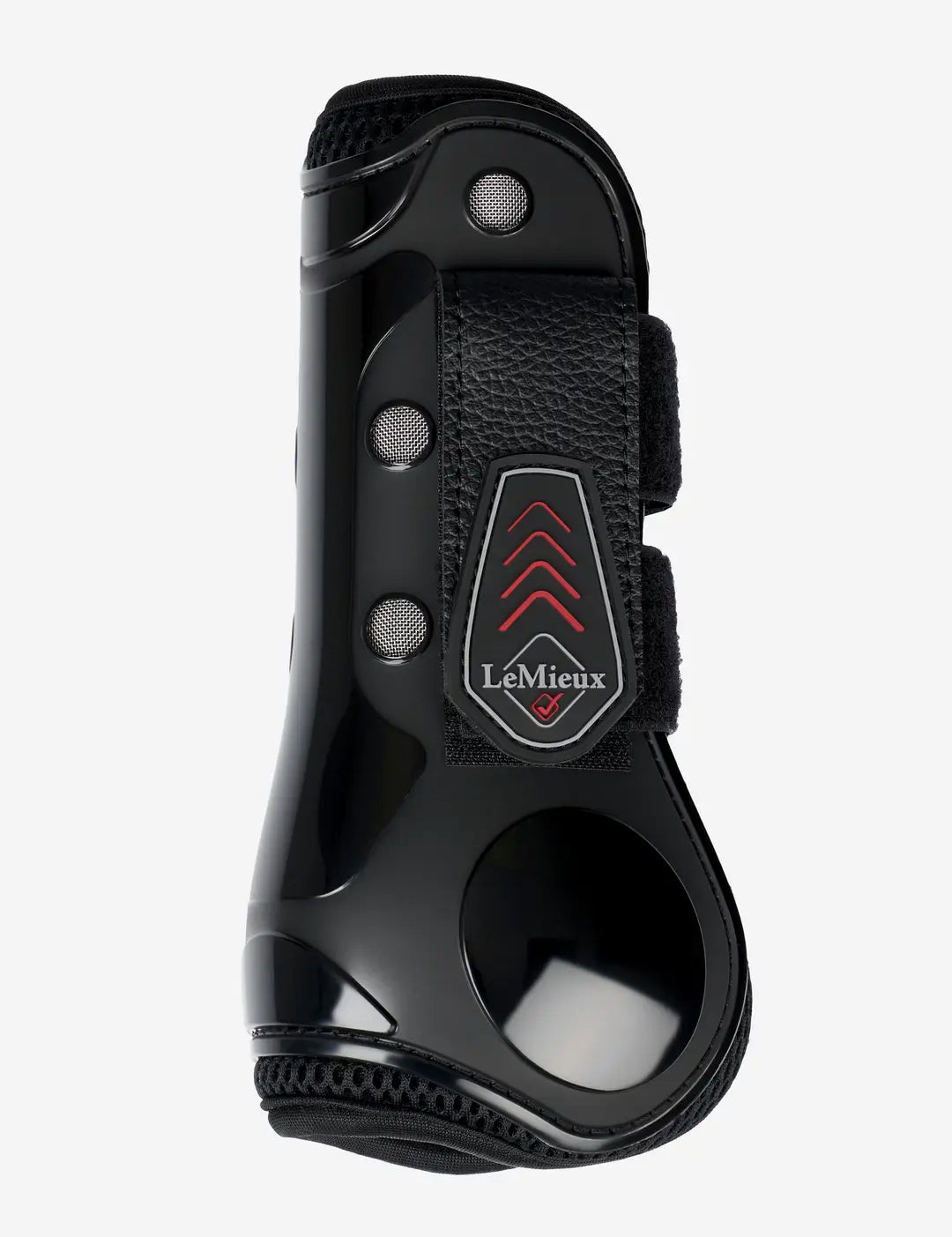 Side view of the black LeMieux Derby Projump Tendon Boot on a white background