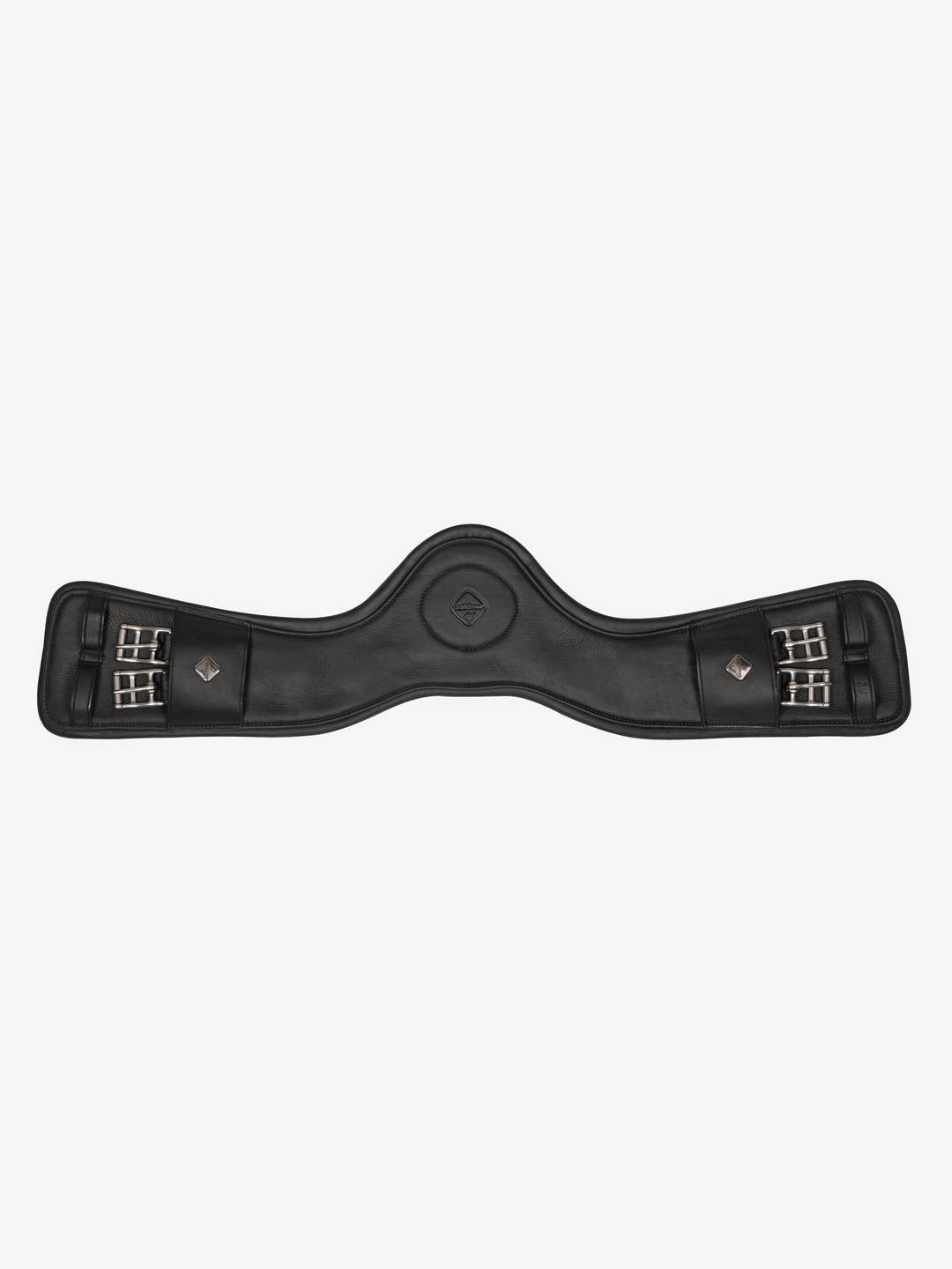 Front view of the Black LeMieux Gel-Tek Anatomic Dressage Girth on a plain background