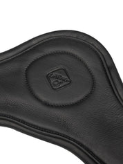 Close-up view of the LeMieux logo on the Black LeMieux Gel-Tek Anatomic Dressage Girth on a plain background