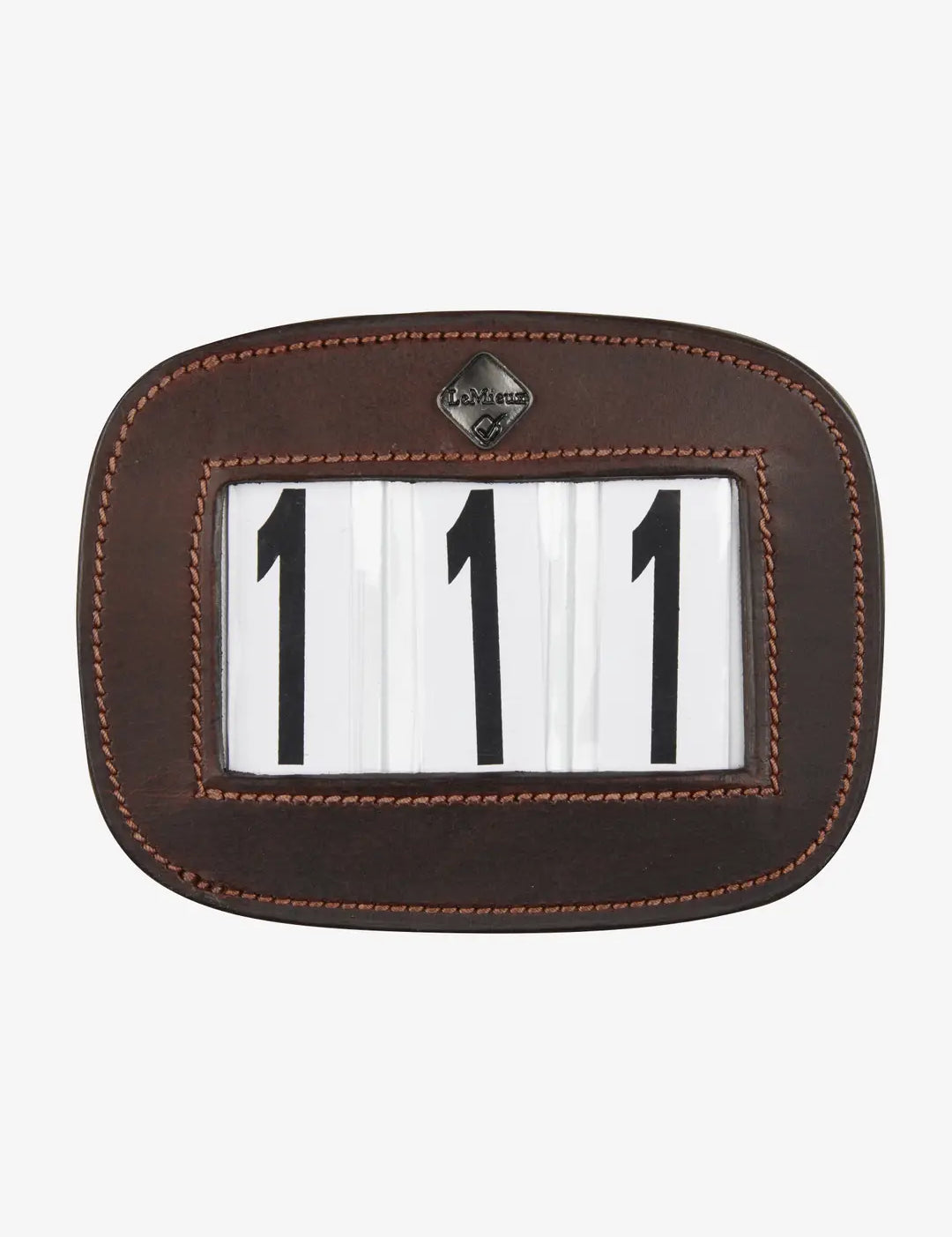 Front view of the LeMieux Saddle Number Holder in Brown showing numbers 111