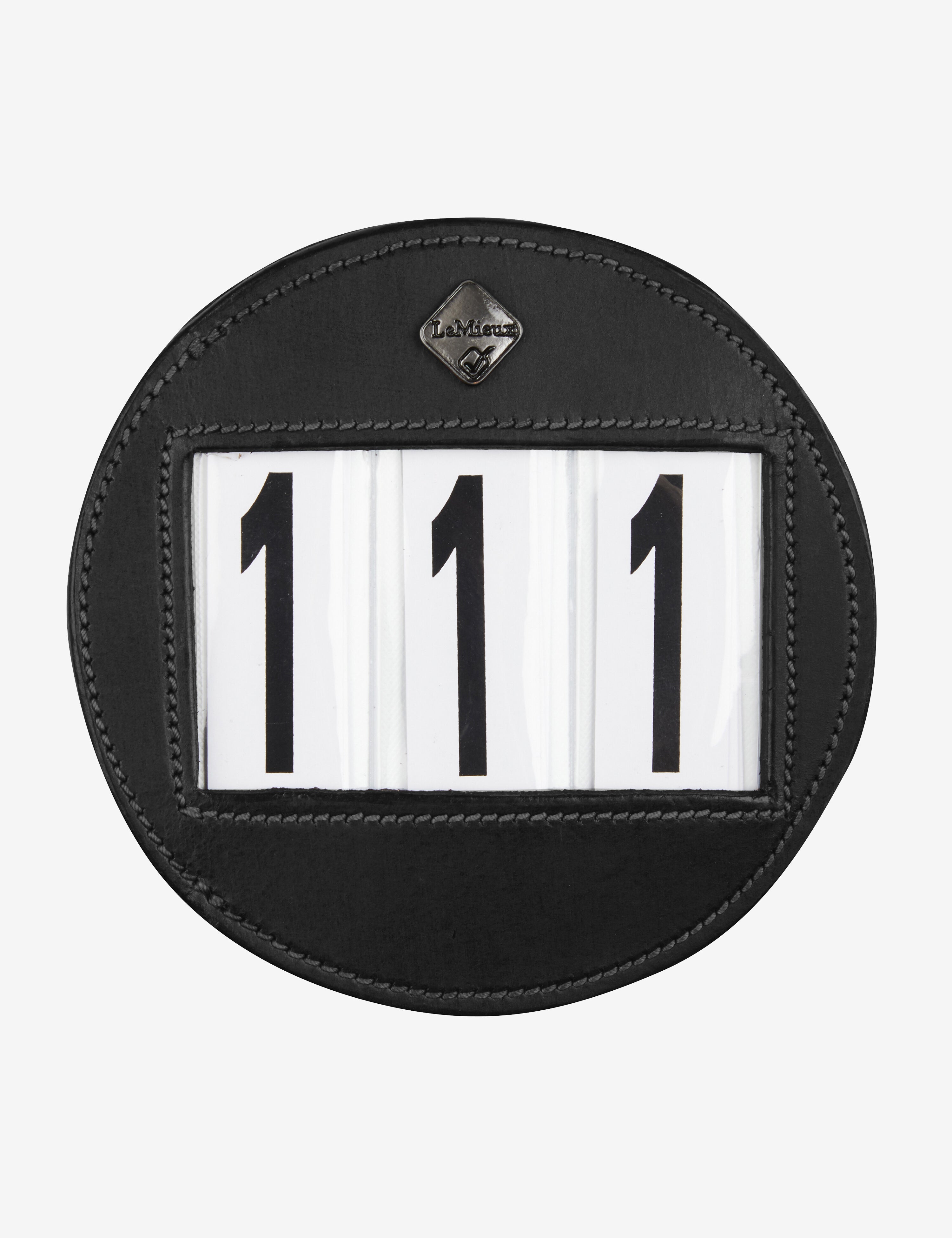 Front view of the black LeMieux Bridle Number Holder showing 111 on a white background