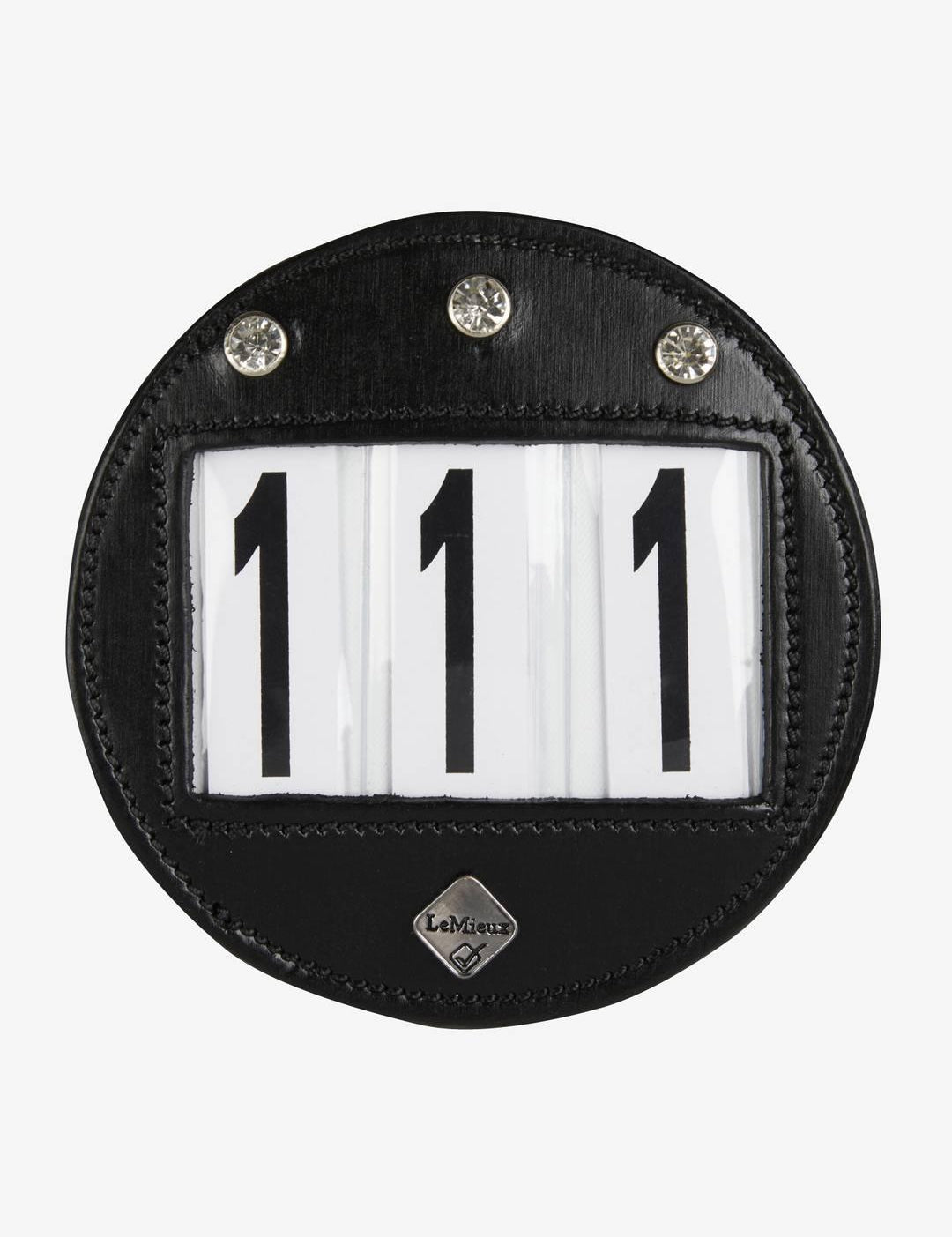 Front view of the Lemieux Diamante Bridle Number Holder showing crystals and the numbers 111