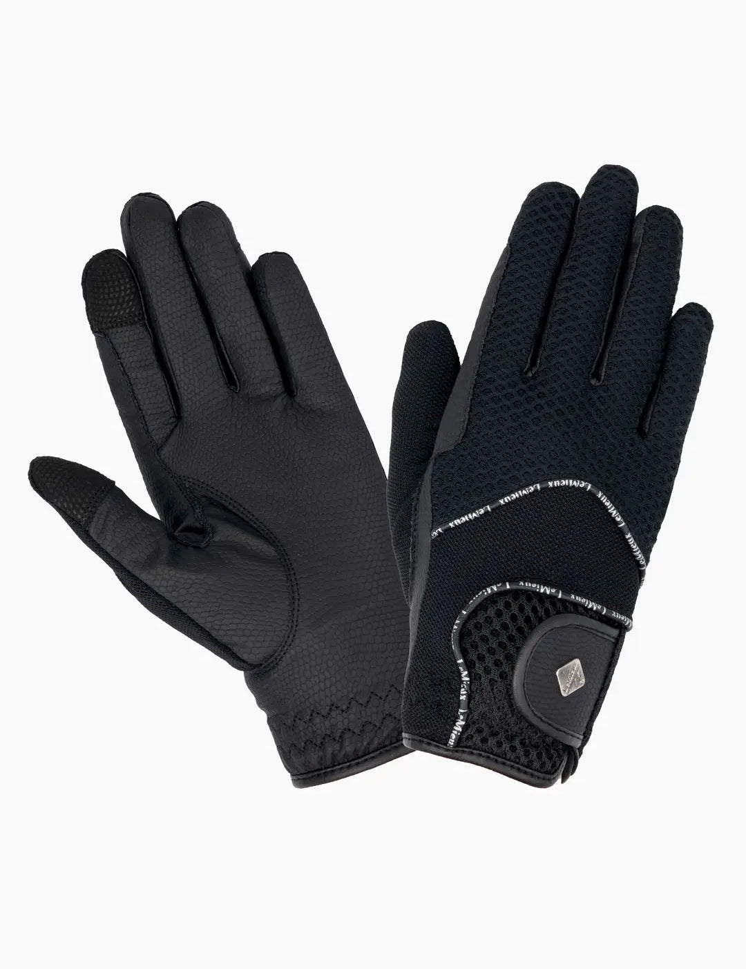 Front and back views of a pair of black LeMieux 3D Mesh Riding Gloves on a white background