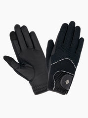 Front and back views of a pair of black LeMieux 3D Mesh Riding Gloves on a white background