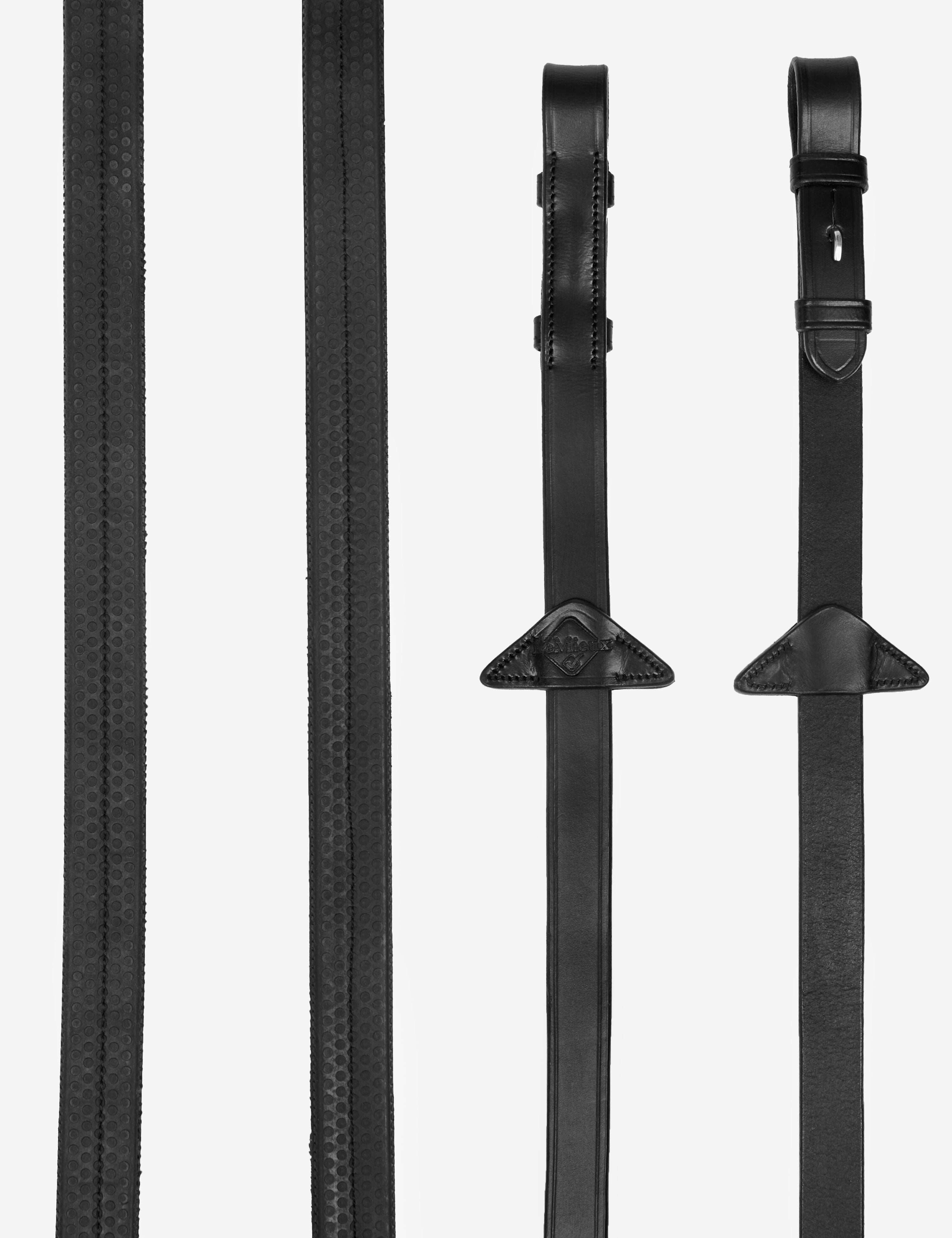 View of the Black LeMieux Rubber Reins on a plain background