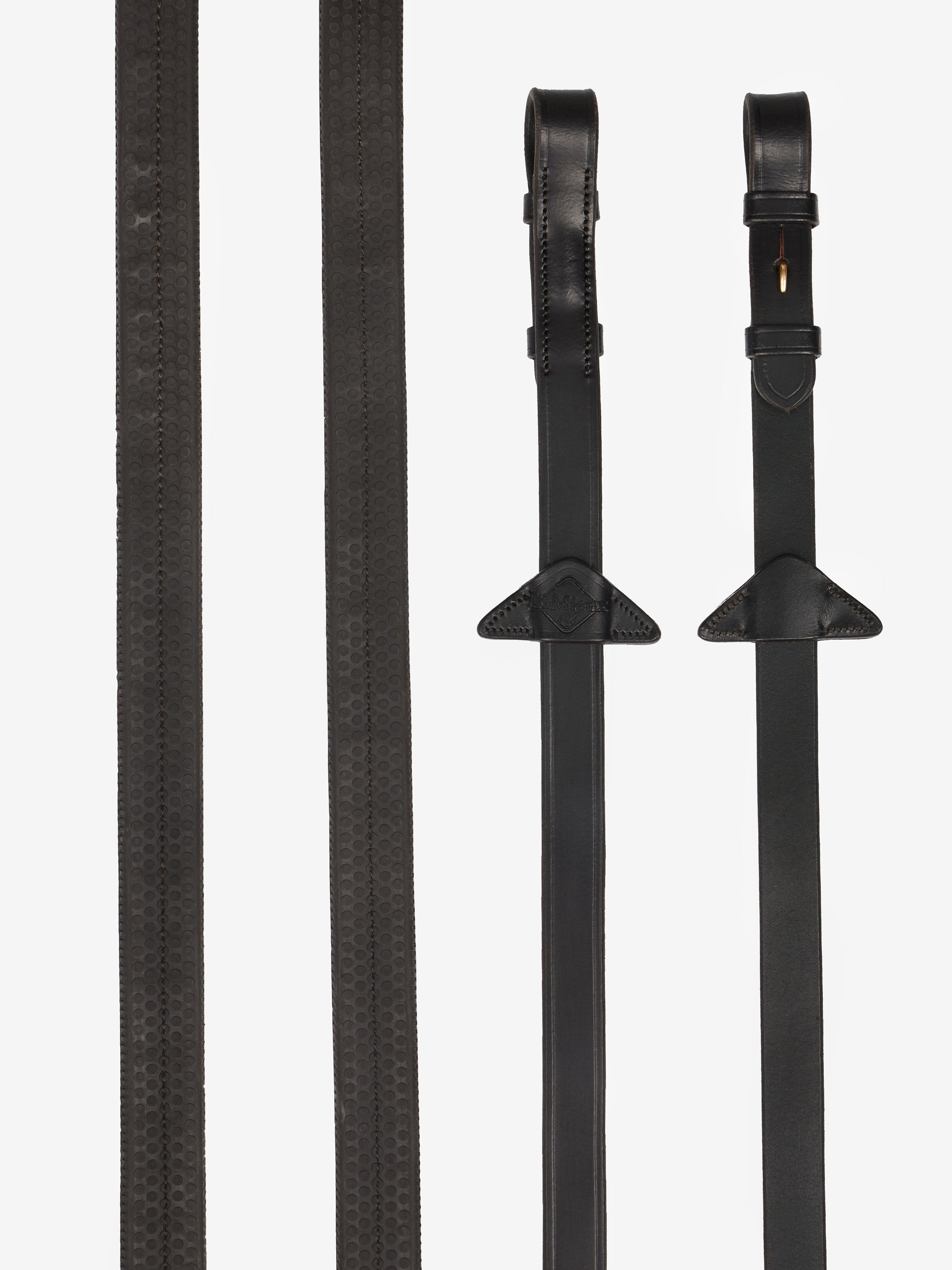 View of the Brown/Brass LeMieux Rubber Reins on a plain background