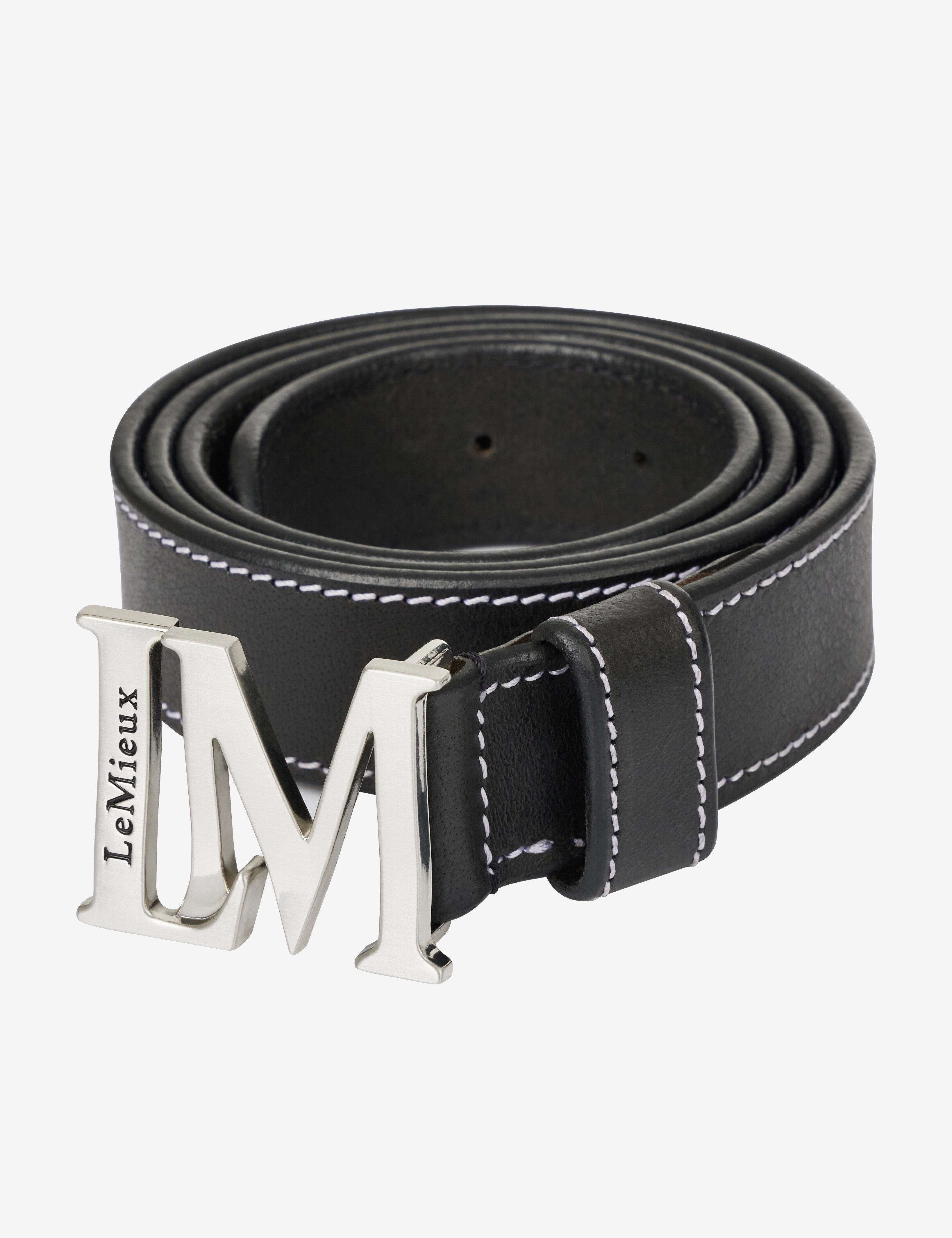 View of a rolled up Black LeMieux Monogram Belt on a plain background