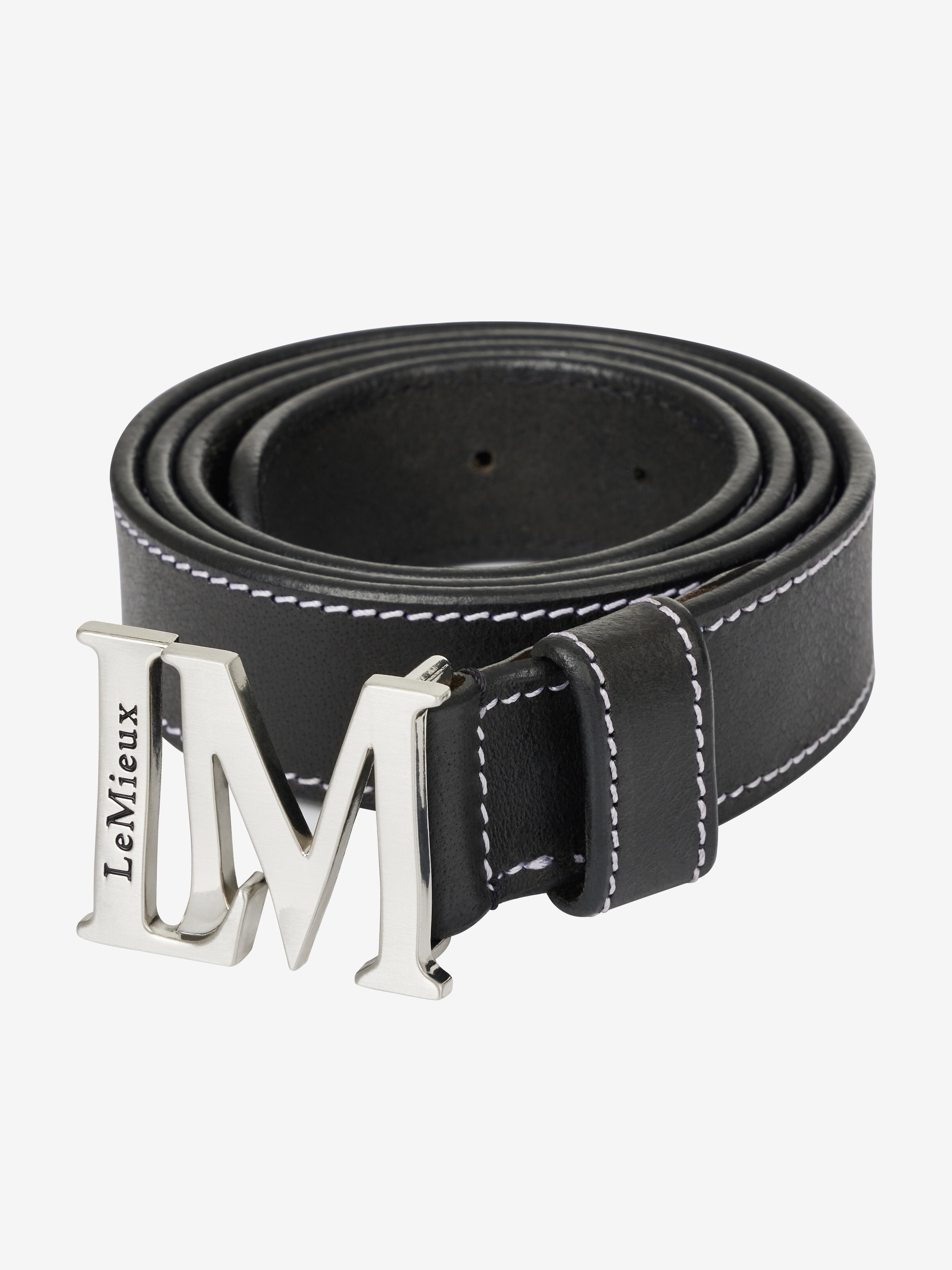 View of a rolled up Black LeMieux Monogram Belt on a plain background