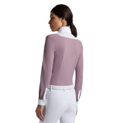 Back view of a model wearing the purple Cavalleria Toscana American Long Sleeve Competition Shirt on a plain background