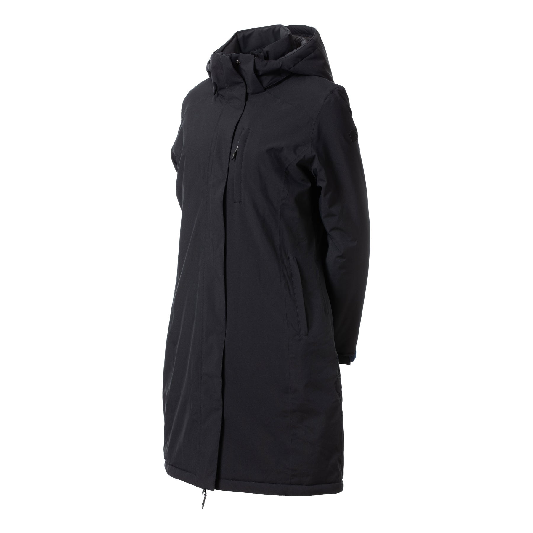 Angled front view of the Seaborne Navy B Vertigo Astoria Heated Long Riding Jacket on a plain background