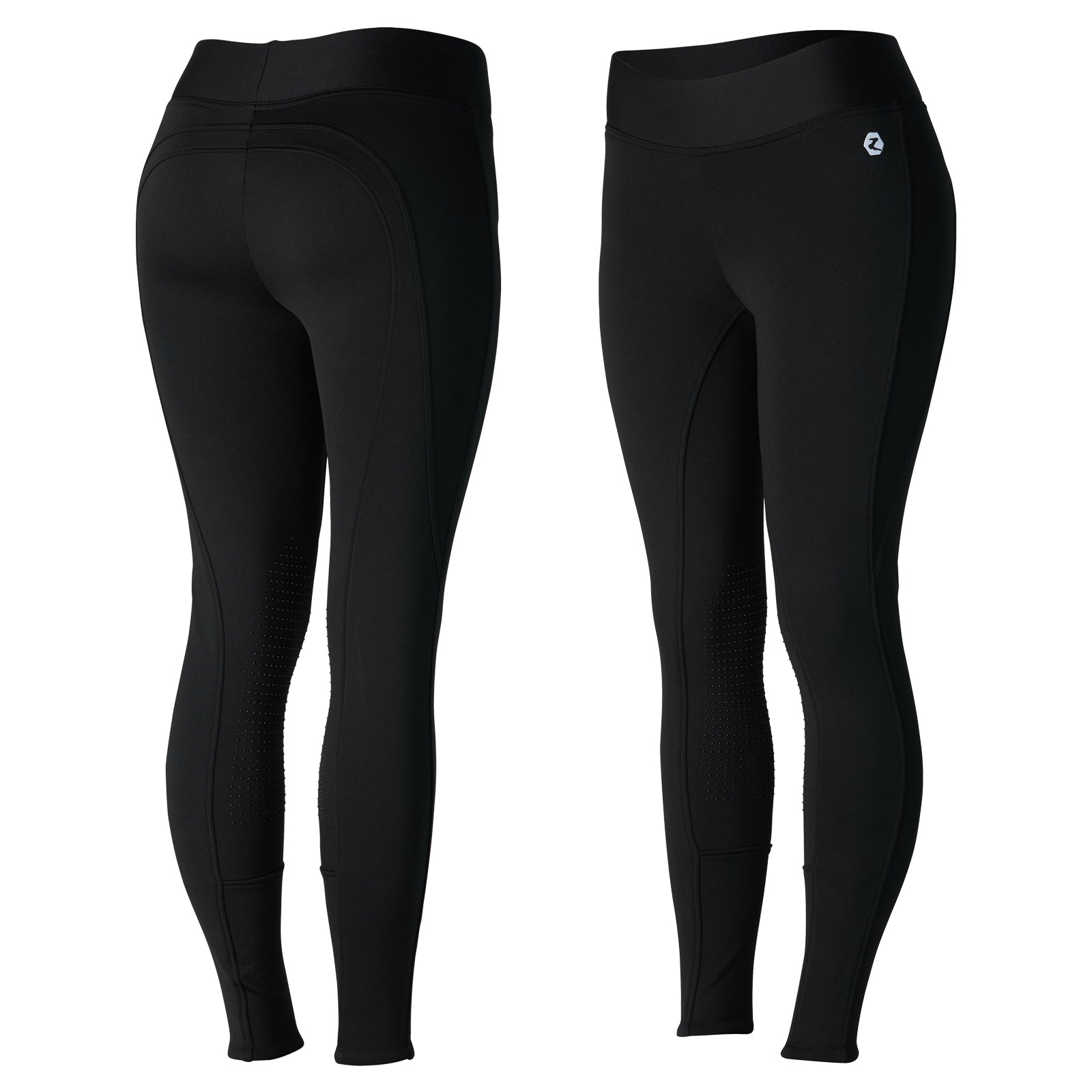 Side-by-side front and back views of the Dark Blue Horze Active Winter Silicone Knee Patch Tights on a white background