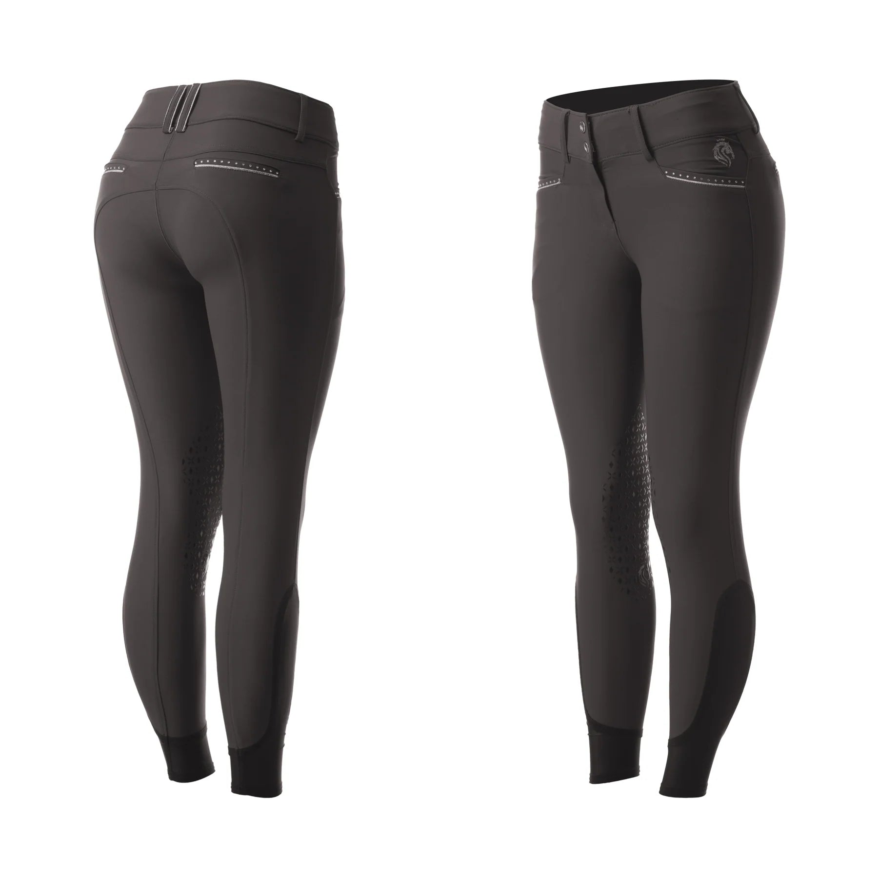 Full view of the Anthracite Equinavia Victoria Knee Patch Breeches on a plain background