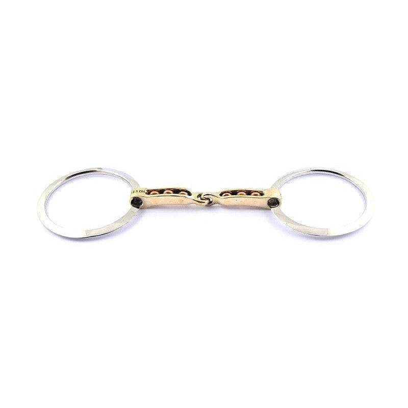A horse bit featuring a polished silver-tone metal double-ring design and a central gold-tone curb bit, shown on a plain white background.