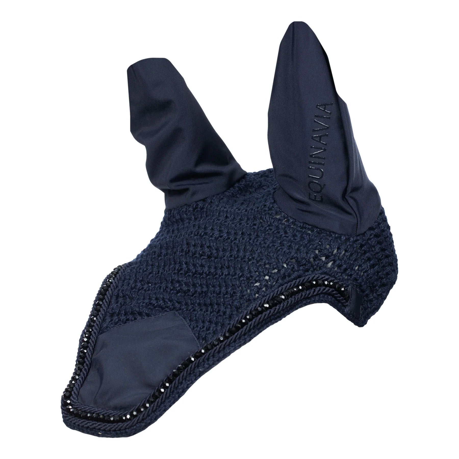 Angled front view of the Navy Equinavia Bergen Crystal Ear Net on a plain background showing the left side