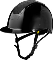 Angled front view of the Black/Black Diamond Crystal Equinavia Crown Glossy MIPS Riding Helmet on a white background
