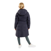 Back view of a young model wearing the Seaborne Navy Horze Paloma Kids Insulated Long Coat on a plain background