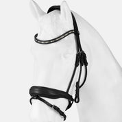 Front view of a white horse mannequin wearing the black Horze Montrose Dressage Bridle on a white background