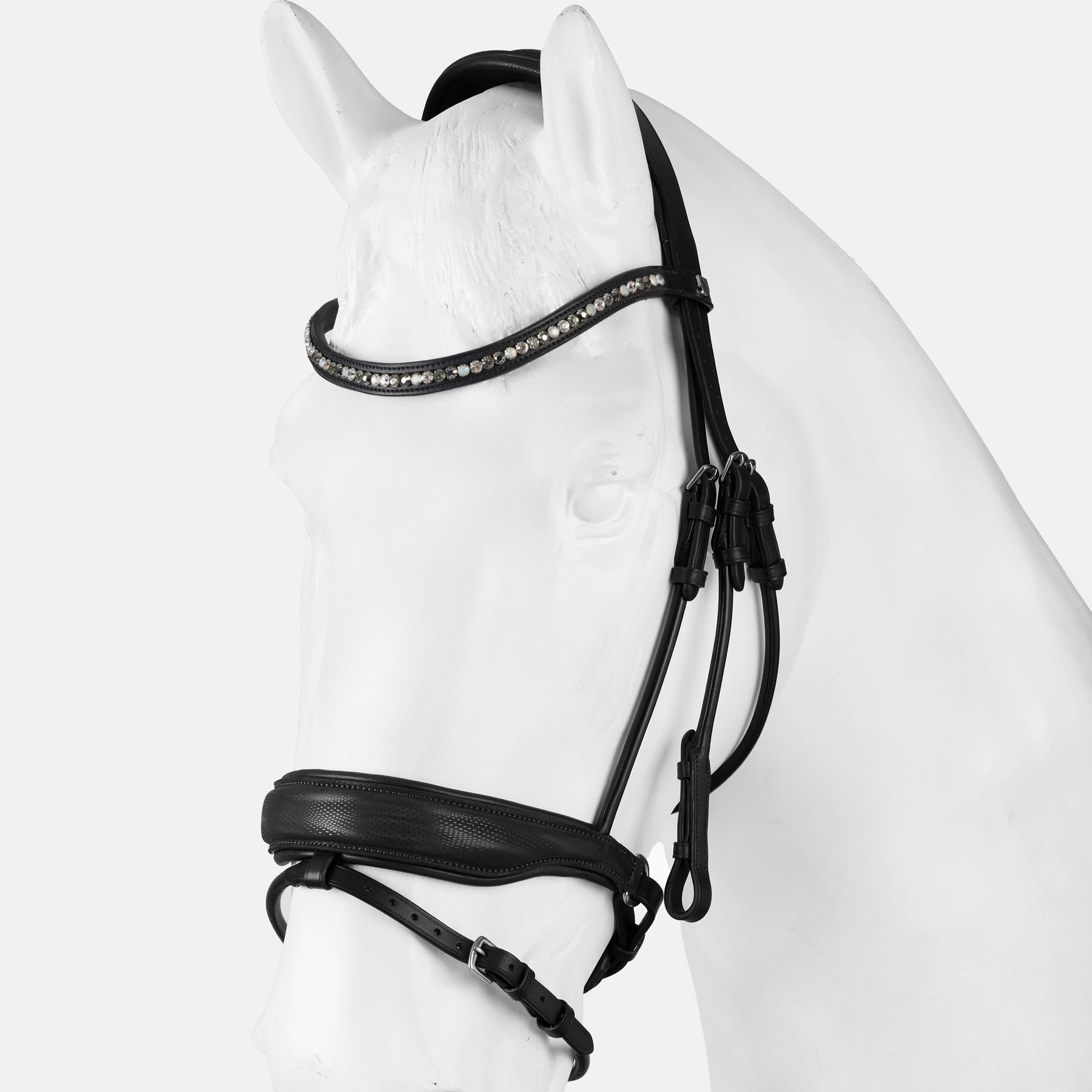 Front view of a white horse mannequin wearing the black Horze Montrose Dressage Bridle on a white background