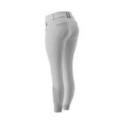 Angled back view of the White/Orchid Equinavia Victoria Knee Patch Breeches on a plain background