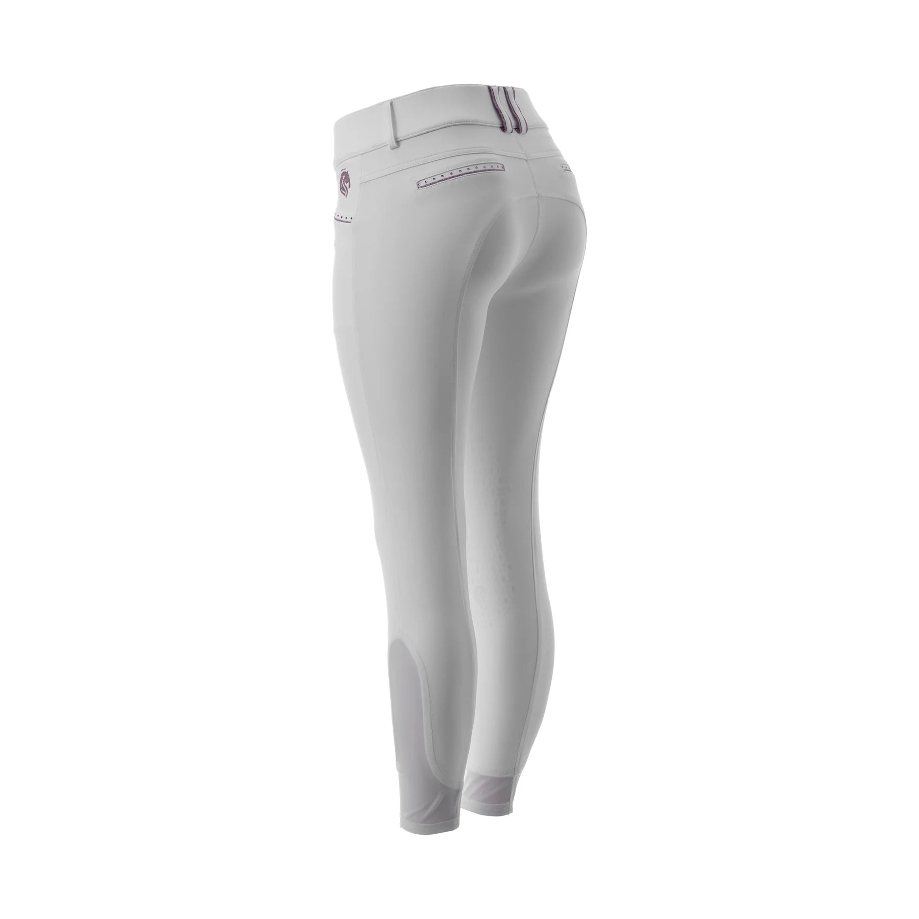 Angled back view of the White/Orchid Equinavia Victoria Knee Patch Breeches on a plain background