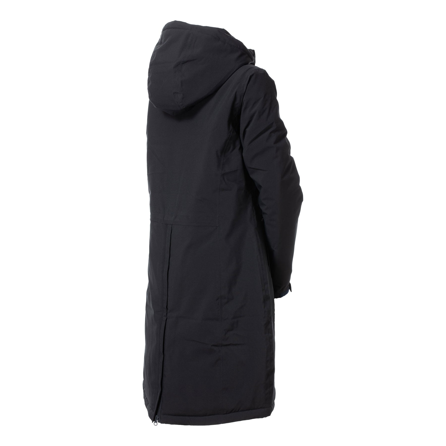 Angled back view of the Seaborne Navy B Vertigo Astoria Heated Long Riding Jacket on a plain background