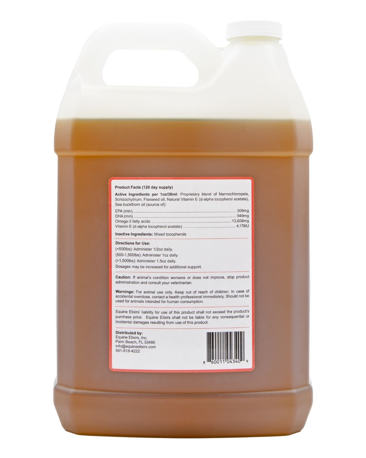 Back view of the 120 oz container of Equine Elixirs Om3ga on a white background