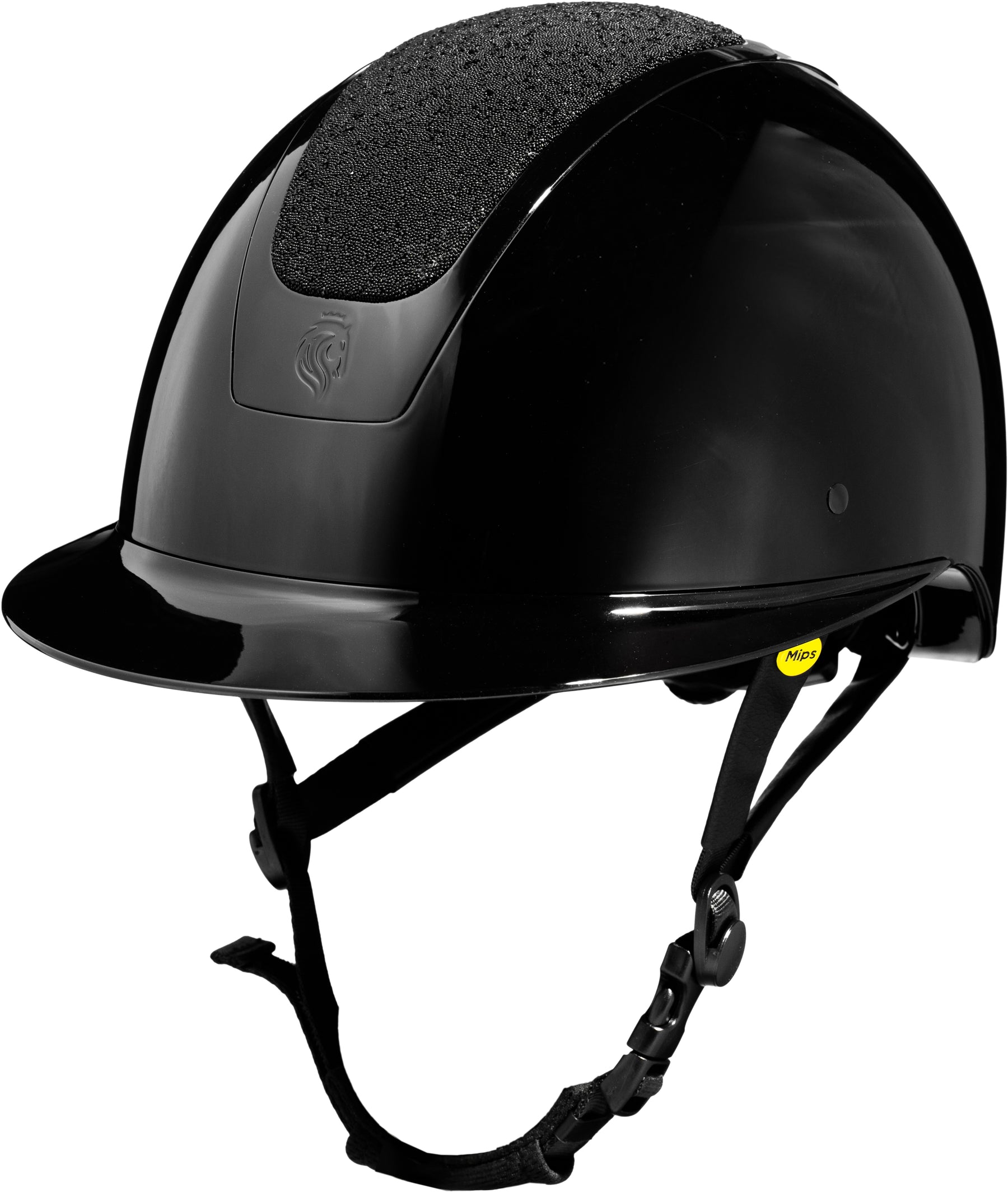 Front view of the Black/Black Diamond Crystal Equinavia Crown Glossy MIPS Riding Helmet on a white background