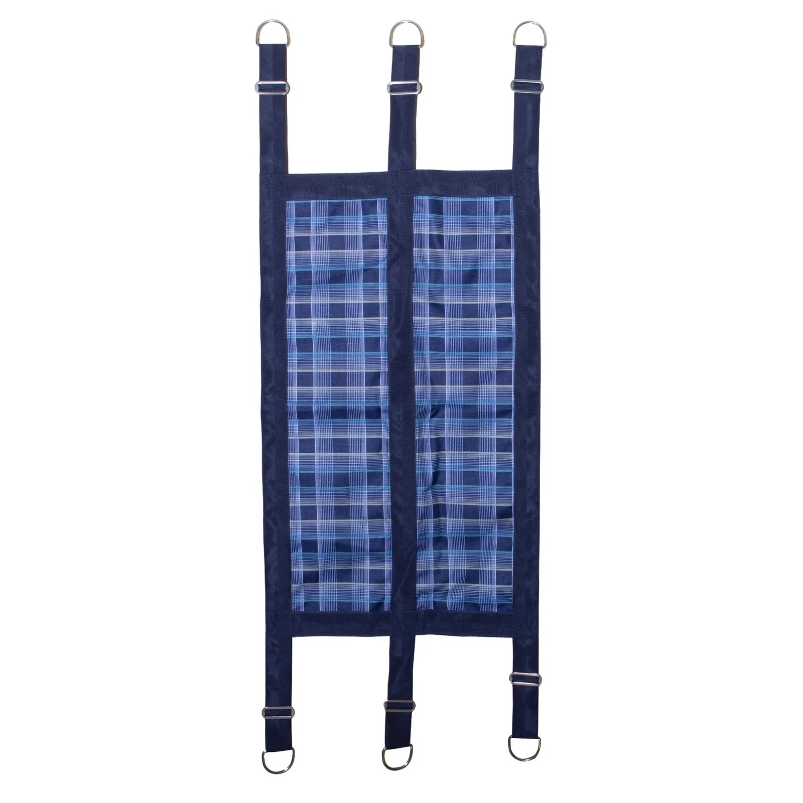 Blue fabric stall guard with plaid print and metal rings shown on plain white background