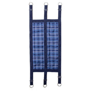 Blue fabric stall guard with plaid print and metal rings shown on plain white background