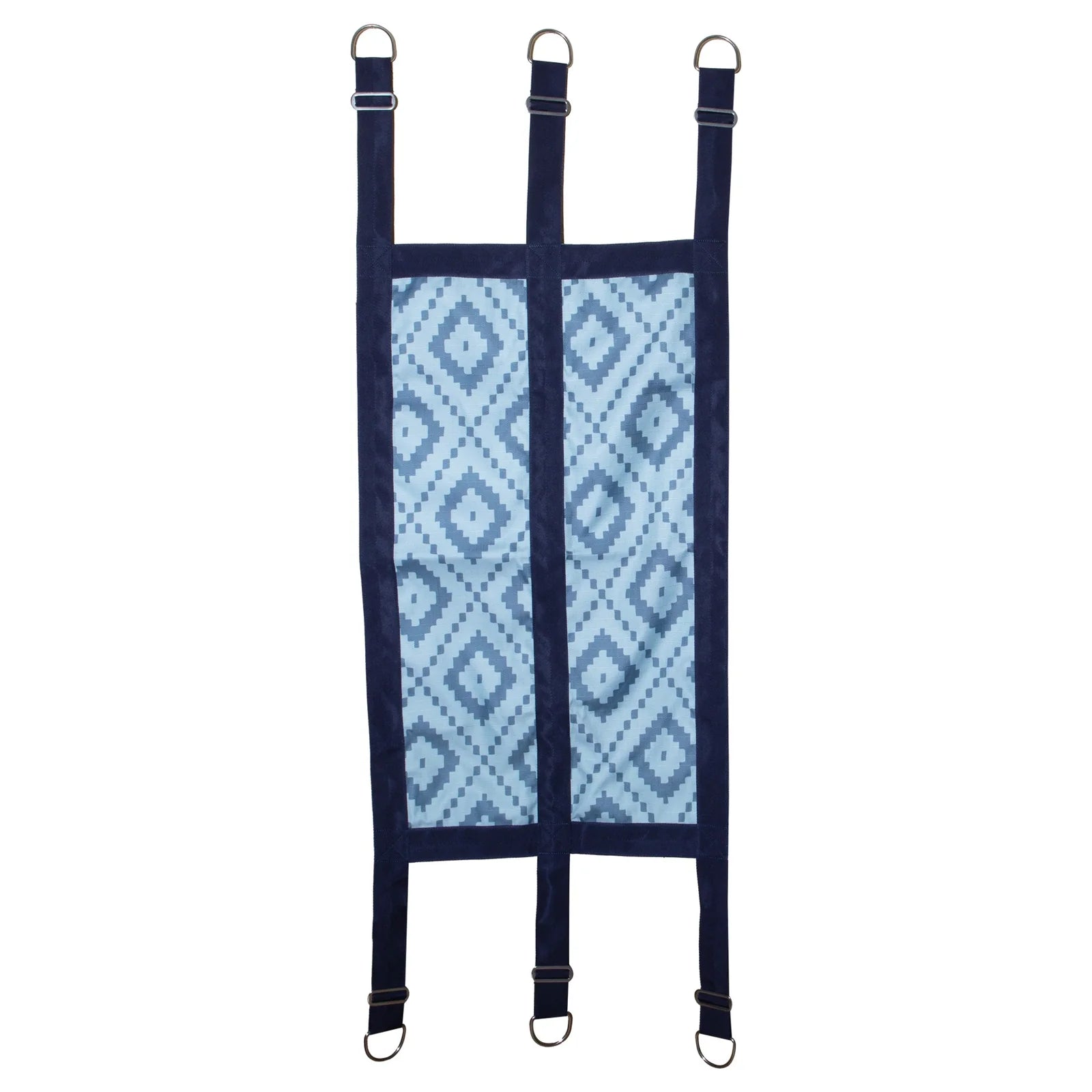 Blue fabric stall guard with diamond print and metal rings shown on plain white background