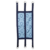 Blue fabric stall guard with diamond print and metal rings shown on plain white background