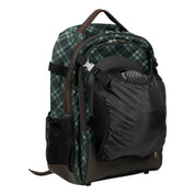 Angled front view of the Thyme/Lily Pad Equinavia Darby Backpack on a plain background showing the helmet holder in use