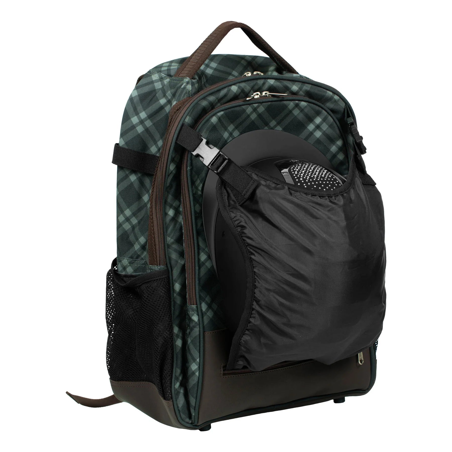 Angled front view of the Thyme/Lily Pad Equinavia Darby Backpack on a plain background showing the helmet holder in use