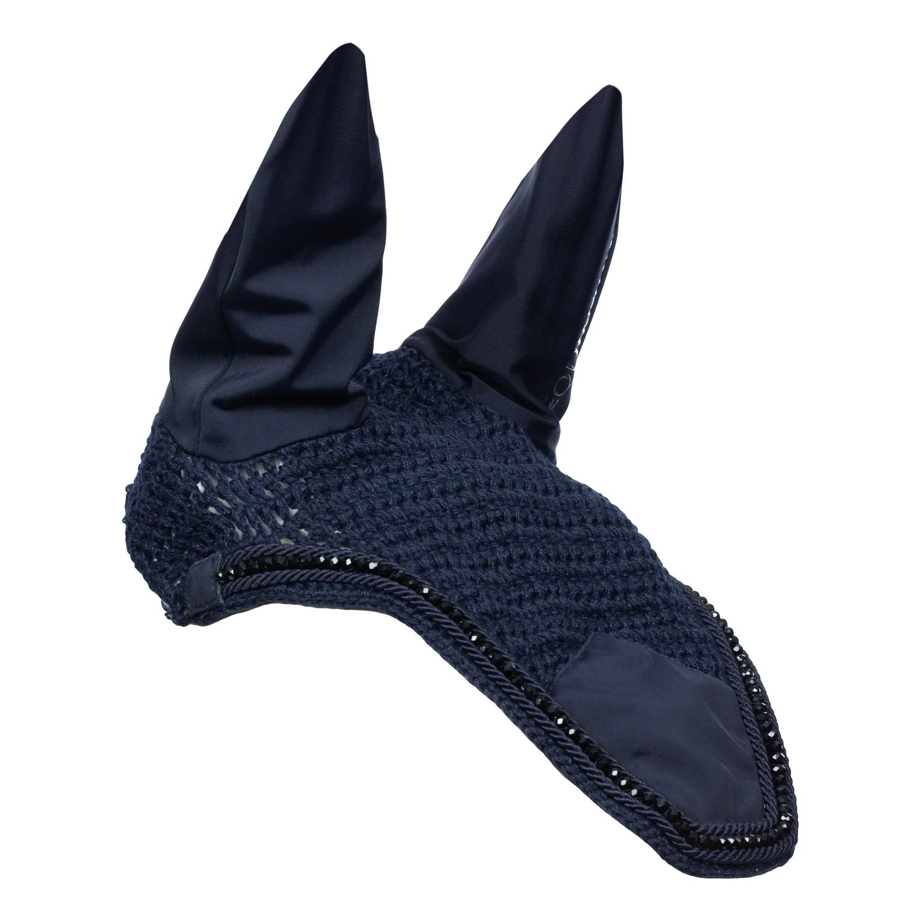 Angled front view of the Navy Equinavia Bergen Crystal Ear Net on a plain background showing the right side