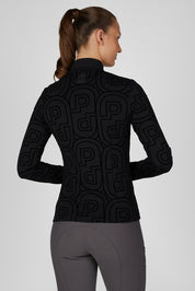 Back view of a female model wearing the Black Pikeur Zip Print Shirt on a plain background