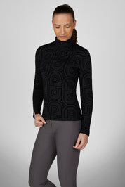 Front view of a female model wearing the Black Pikeur Zip Print Shirt on a plain background
