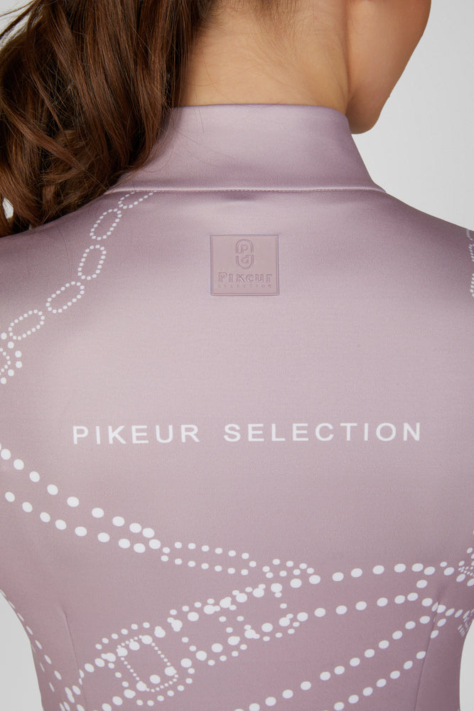 Close-up back view of a female model wearing the Ash Mauve Pikeur Zip Print Shirt