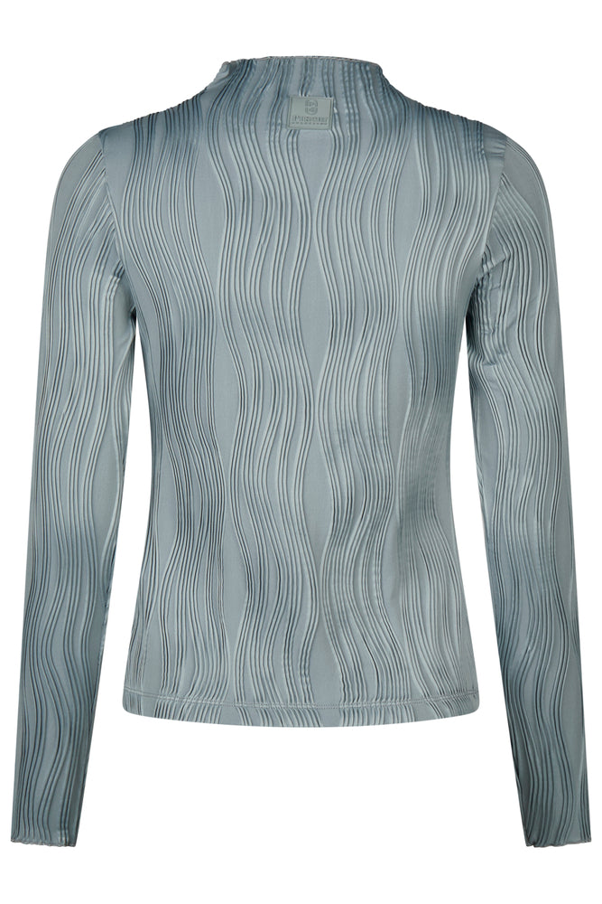 Back view of the Dusty Blue Pikeur Long Sleeve Waveline Shirt on a plain background