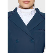 Front view of a model wearing the Holo Fall 2026 Samshield Plastron Premium Stock Tie under a Blue show coat