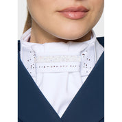 Close-up front view of a model wearing the Holo Fall 2026 Samshield Plastron Premium Stock Tie under a blue show coat